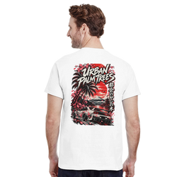 White men's JDM T-shirt featuring back graphic of drift car, cherry blossoms, palm trees, and red sun.
