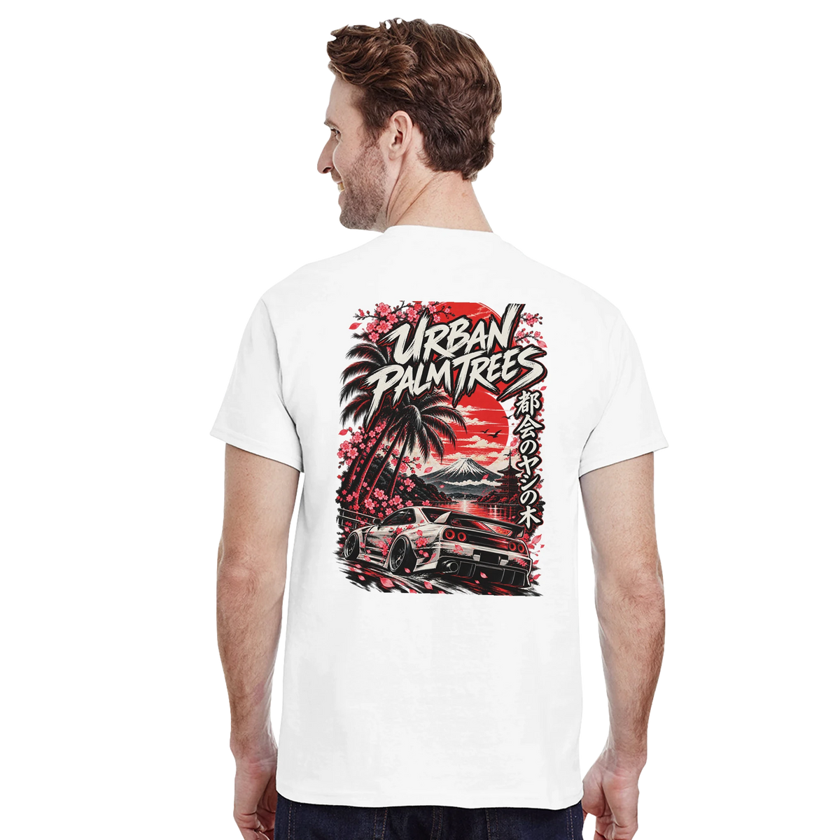 White men's JDM T-shirt featuring back graphic of drift car, cherry blossoms, palm trees, and red sun.