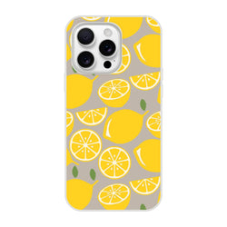 Lemon print iPhone case for 13–16 with matte finish, bright citrus slices on gray background.