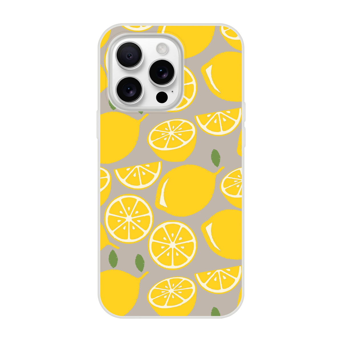 Lemon print iPhone case for 13–16 with matte finish, bright citrus slices on gray background.