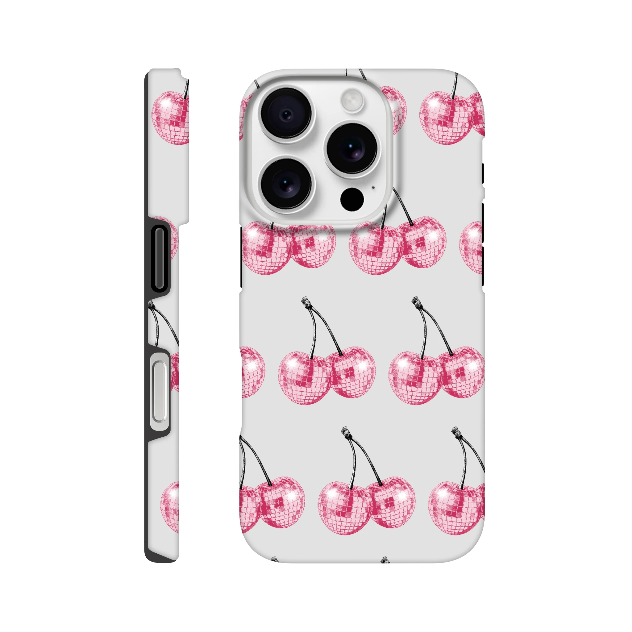Glitter ball cherries pattern phone case for iPhone 16/15/14/13; dual-layer tough protection with wraparound print.