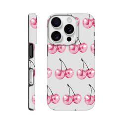 Glitter ball cherries pattern phone case for iPhone 16/15/14/13; dual-layer tough protection with wraparound print.