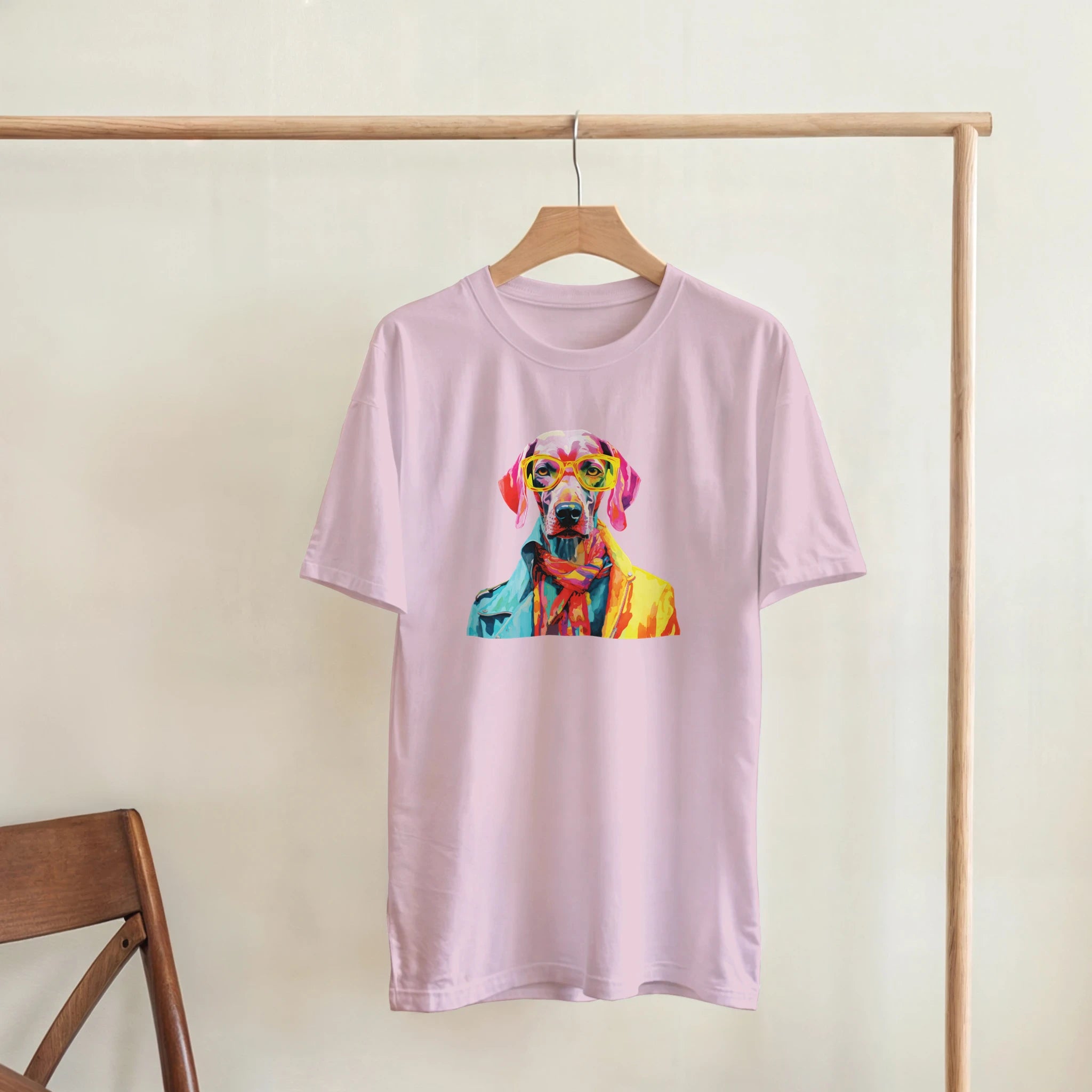 Pink Gent Dog T-Shirt women's graphic tee in a soft cotton blend with a colorful dog wearing glasses.