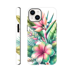 Tropical hibiscus and bird of paradise floral tough iPhone case with impact-resistant protection for models 13 through 16.