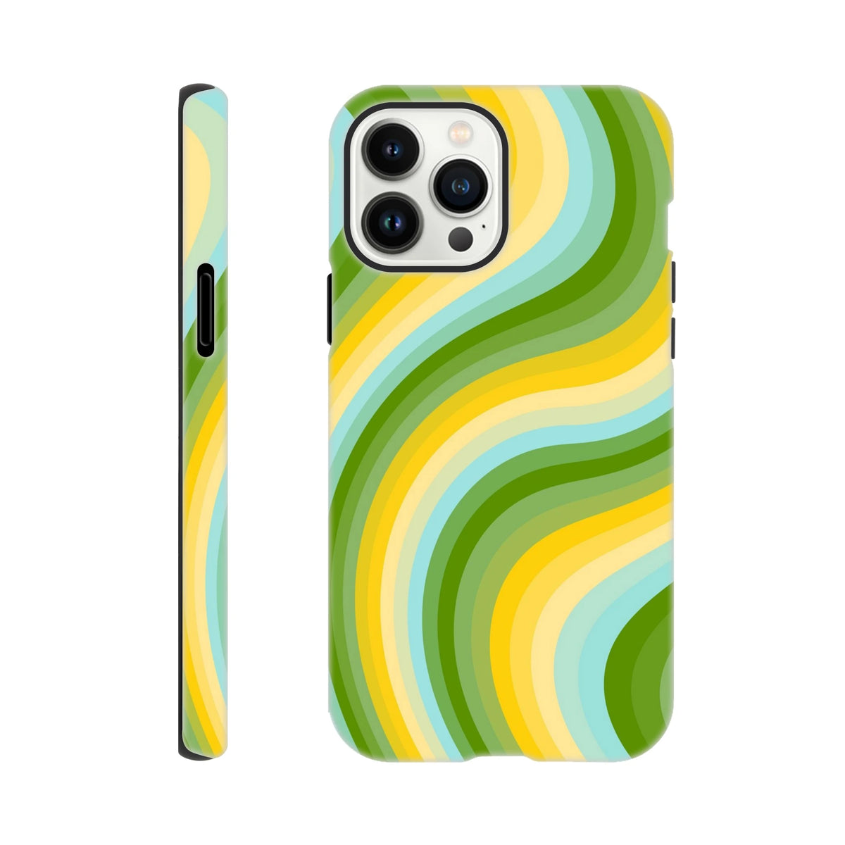 Green and yellow retro wave iPhone case with Y2K wraparound stripes. A tough, vintage-inspired phone cover for streetwear style.
