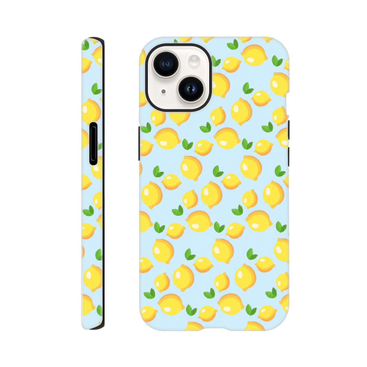 Cute lemon pattern iPhone case with fresh yellow fruit and green leaves on a light blue background for models 13-16.
