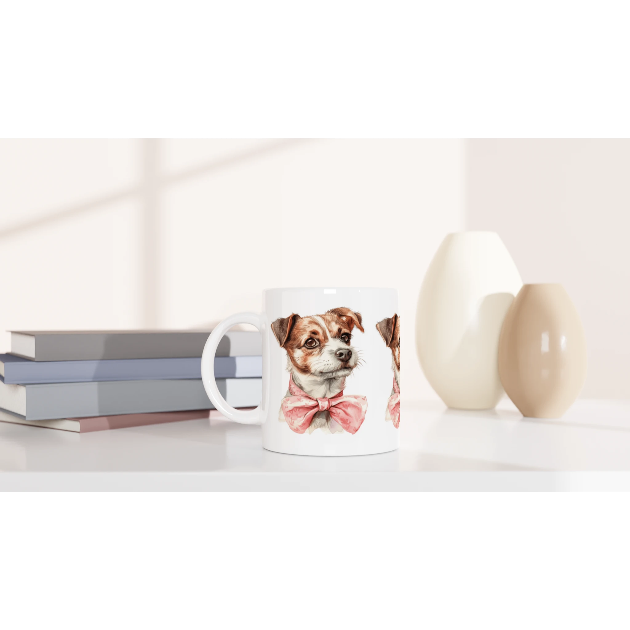 Cute Dog Mug Gift For Her white ceramic mug featuring a dog with a pink bow tie