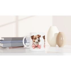 Cute Dog Mug Gift For Her white ceramic mug featuring a dog with a pink bow tie