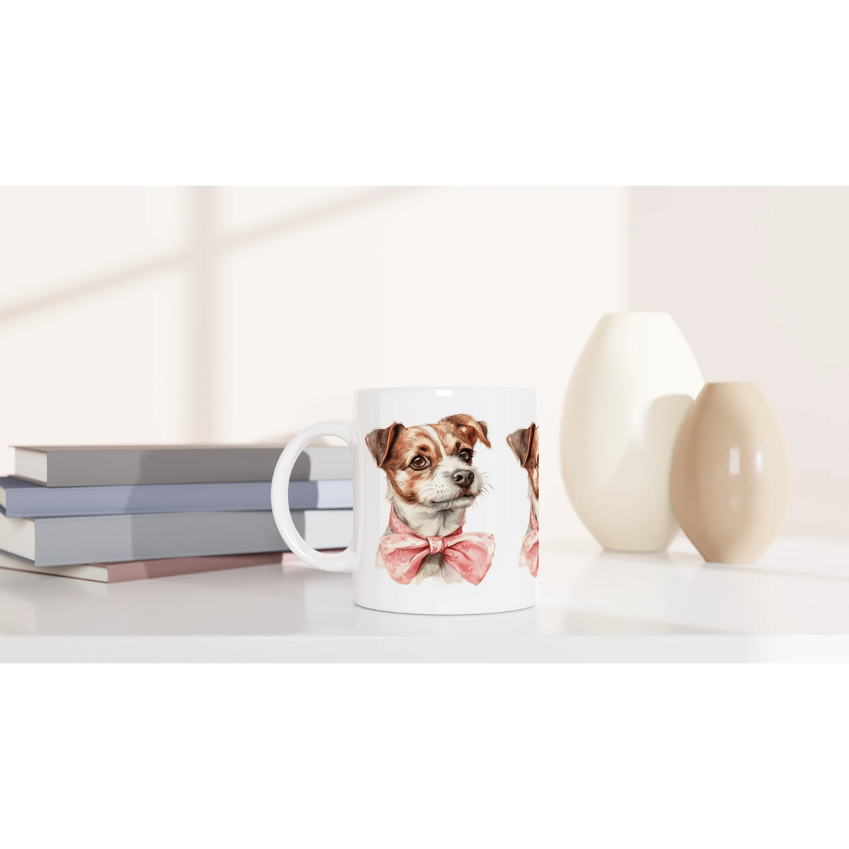 Cute Dog Mug Gift For Her white ceramic mug featuring a dog with a pink bow tie