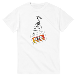 White men's t-shirt featuring a retro cassette tape graphic with unspooling black tape and a red label reading 90s Hits.