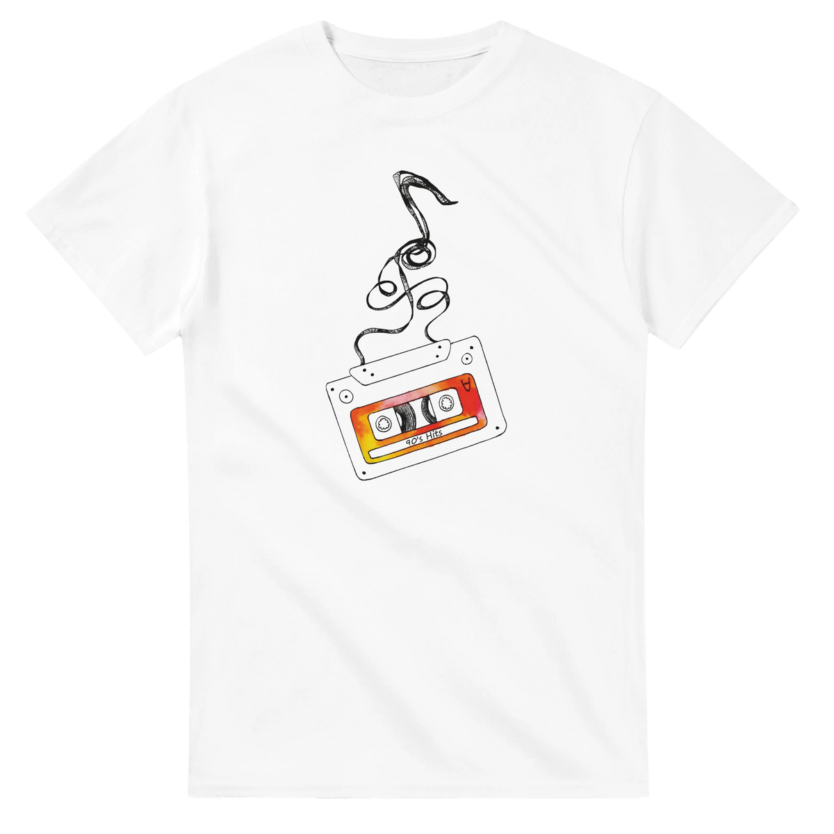White men's t-shirt featuring a retro cassette tape graphic with unspooling black tape and a red label reading 90s Hits.