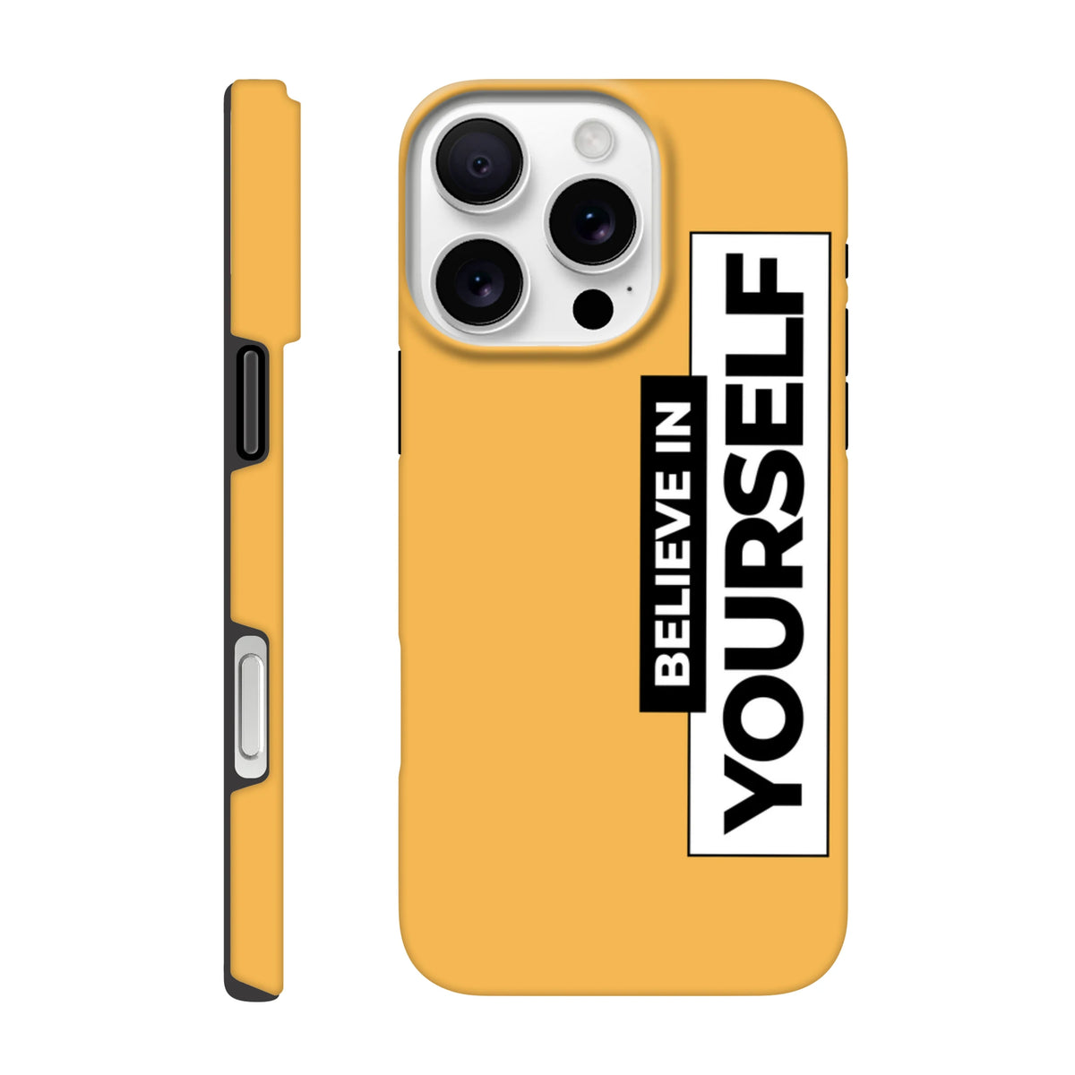 Yellow Believe In Yourself Tough iPhone case for iPhone 13-16 with wraparound print and loud attitude.