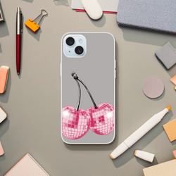 Y2K glitter cherries iPhone case for 13-16, retro aesthetic, slim matte cover with cherry artwork.