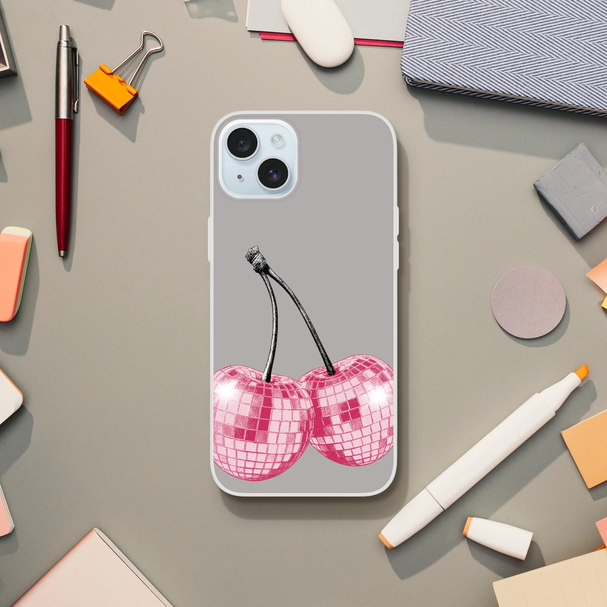 Y2K glitter cherries iPhone case for 13-16, retro aesthetic, slim matte cover with cherry artwork.