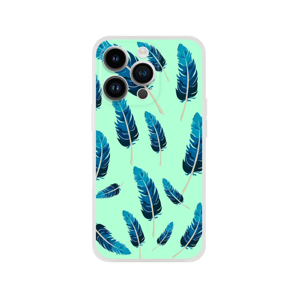 Mint green aesthetic iPhone case with blue feather motif and camera cutouts.