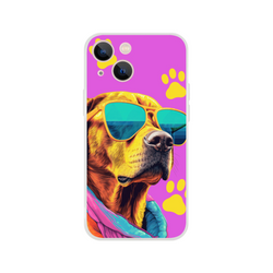 Trendy Dog iPhone Case (13-16) Funny Aesthetic Phone Cover: camel with sunglasses on pink, yellow paw prints