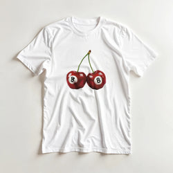 White women's T-shirt featuring two red cherries with white circles containing the number 8.