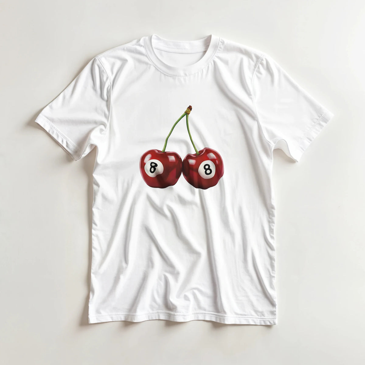 White women's T-shirt featuring two red cherries with white circles containing the number 8.