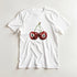White women's T-shirt featuring two red cherries with white circles containing the number 8.