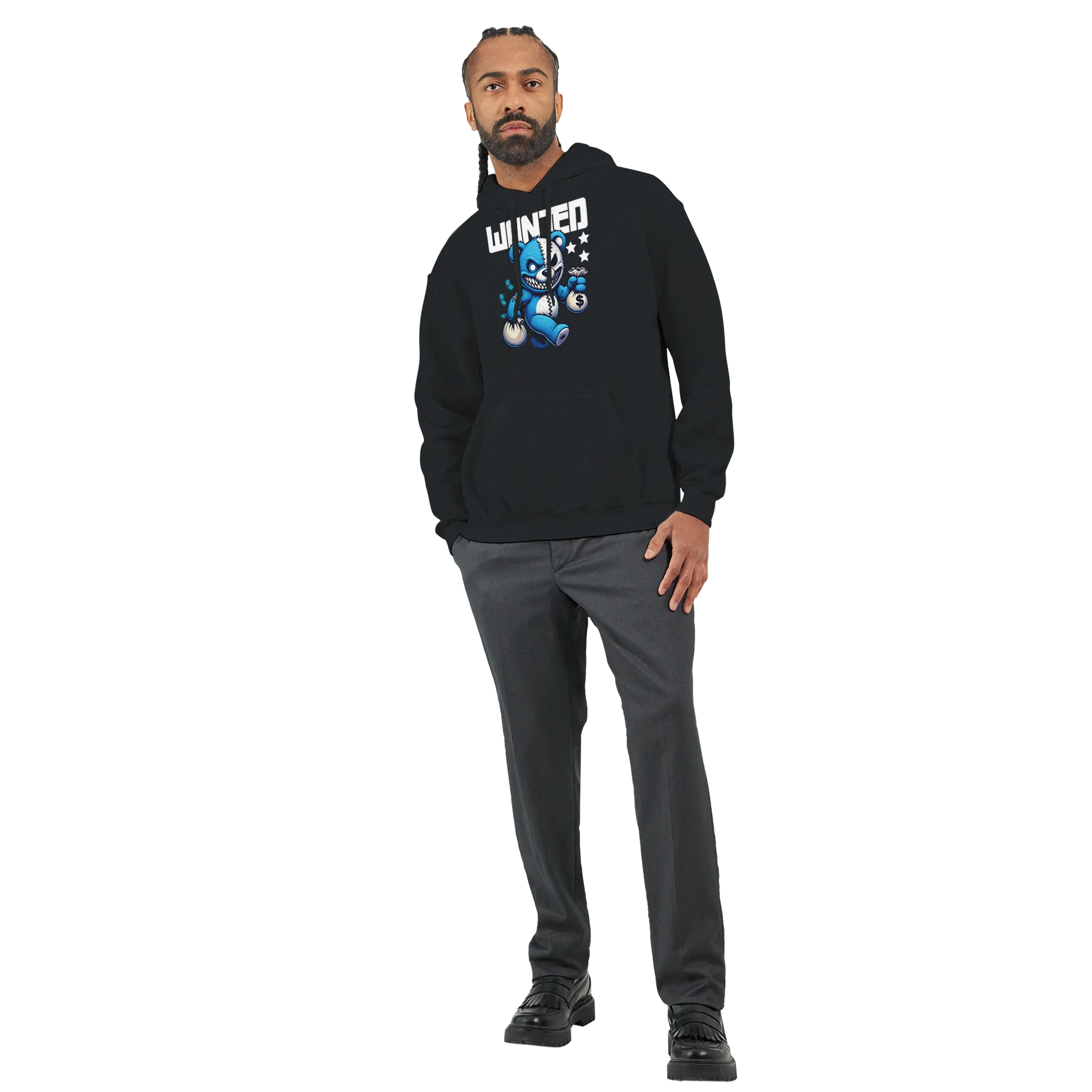 Man wearing a black Men's Wanted Teddy Bear Hoodie with a blue teddy graphic and bold WANTED lettering.
