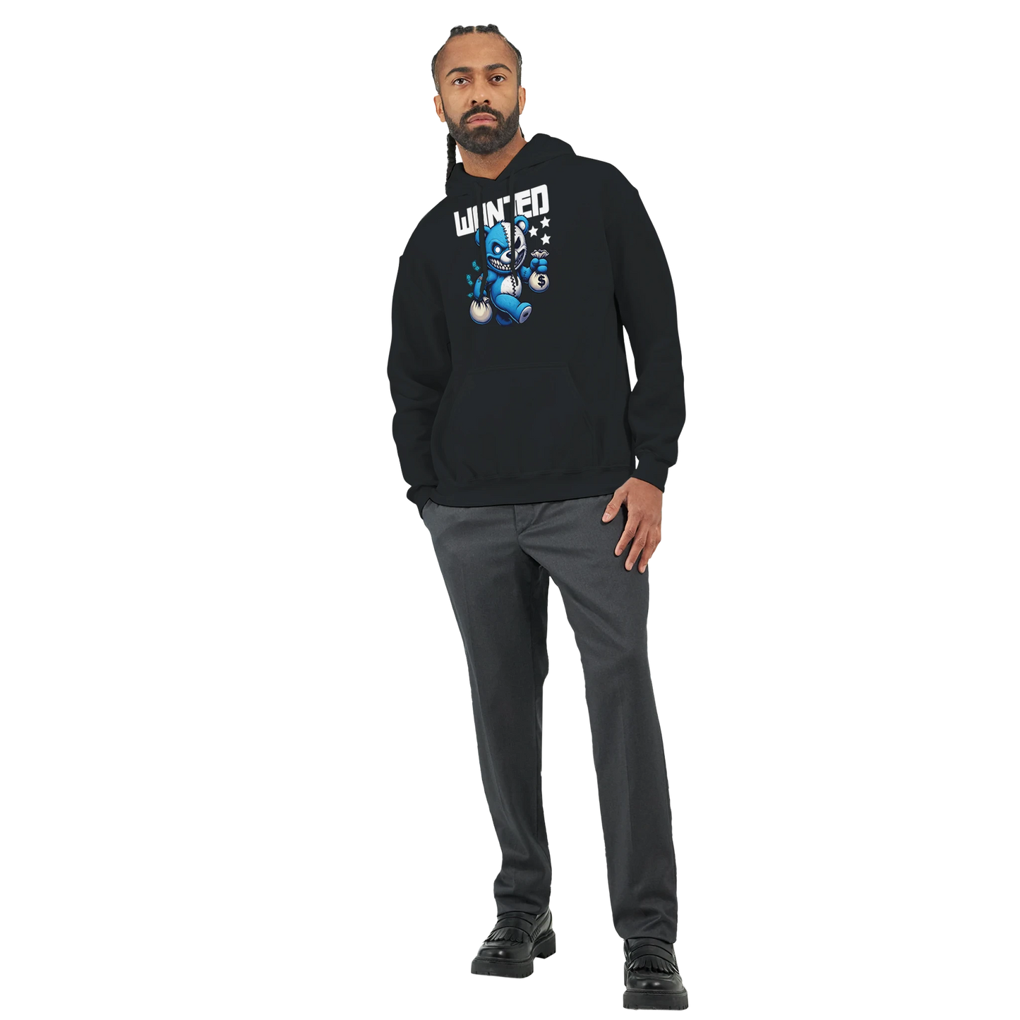 Man wearing a black men's teddy bear hoodie with a graphic design on a white background. 6
