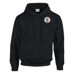 Black women's hoodie featuring a colorful retro Urban Palm Trees graphic on the chest and a convenient front pouch pocket.