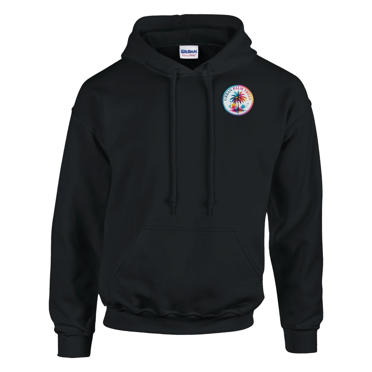 Black women's hoodie featuring a colorful retro Urban Palm Trees graphic on the chest and a convenient front pouch pocket.