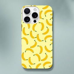 Cute yellow banana pattern phone case for iPhone. Playful fruit design offers tough protection in a bright yellow wraparound cover.