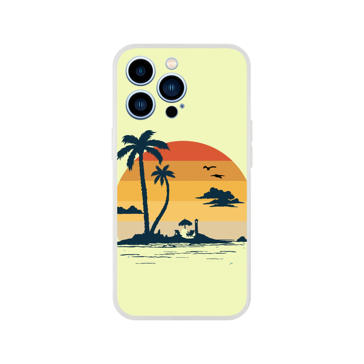 Retro Beach iPhone Case (13-16) featuring palm trees and a sunset on a yellow background.