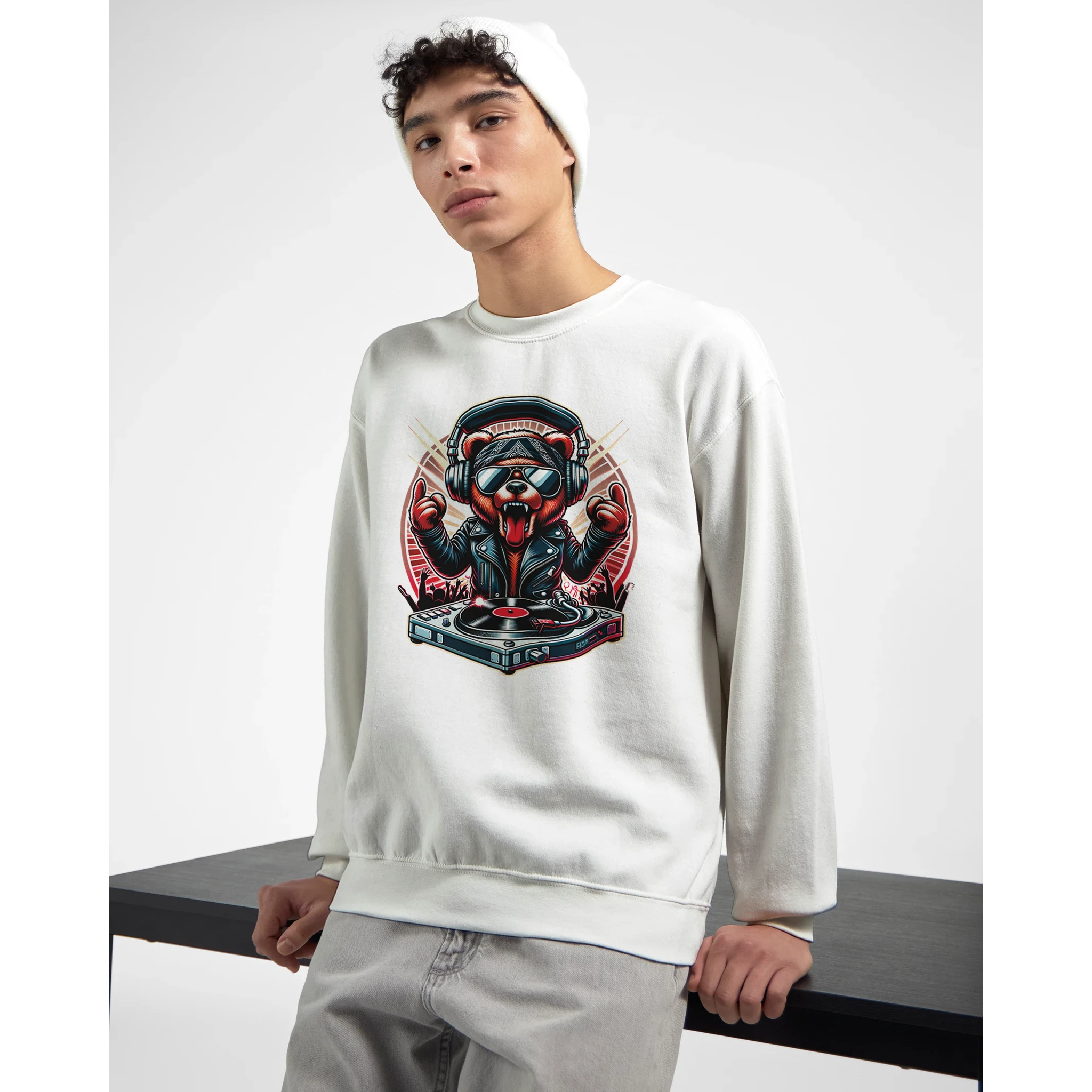 White teddy bear DJ graphic sweatshirt with headphones on a male model.