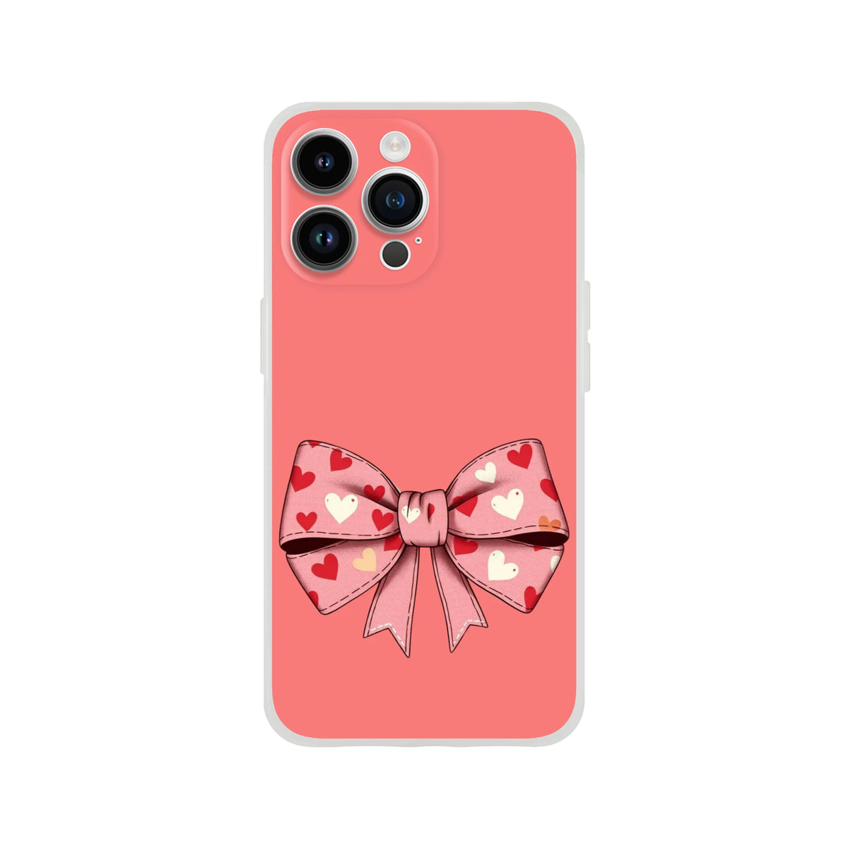 Pink and cream bow iPhone case for iPhone 13–16, heart-pattern bow design in coquette aesthetic