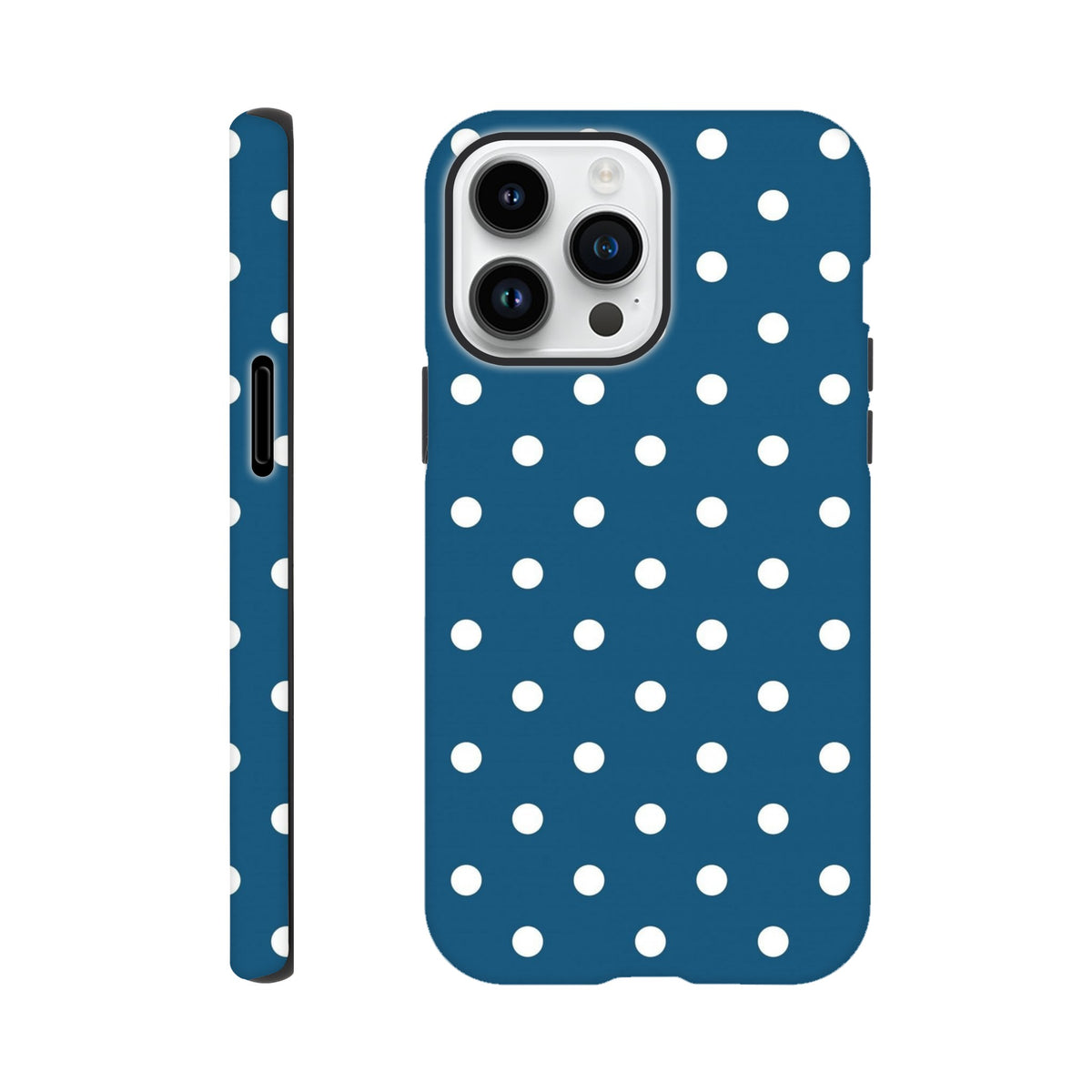 Navy blue tough iPhone case with white polka dots featuring a glossy wraparound finish and shock-absorbing dual-layer shell for iPhone 13-16.