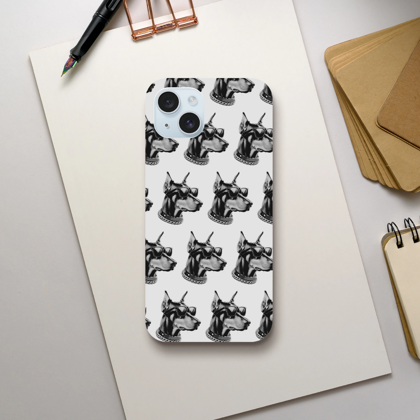 Monochrome gangster dogs wearing sunglasses and chains wraparound phone case for iPhone 16-13 with glossy finish.