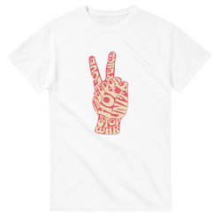 White t-shirt featuring a retro pink peace sign hand graphic formed by vintage typography including love, freedom, and stop war.
