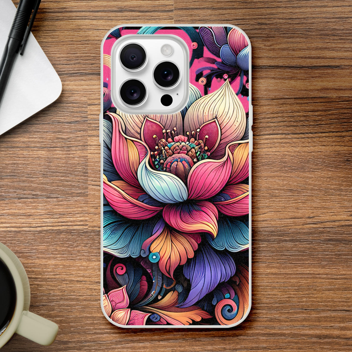 Mandala flower iPhone case with vibrant boho floral design, slim protective cover for iPhone 16, 15, 14, 13