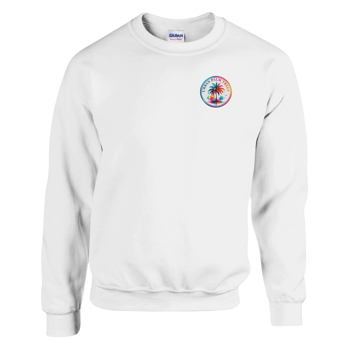 White crew neck sweatshirt featuring a colorful circular Urban Palm Trees graphic on the left chest.