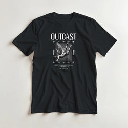 Outcast men's black graphic T-shirt featuring white gothic art and a winged figure beneath the OUTCAST text.