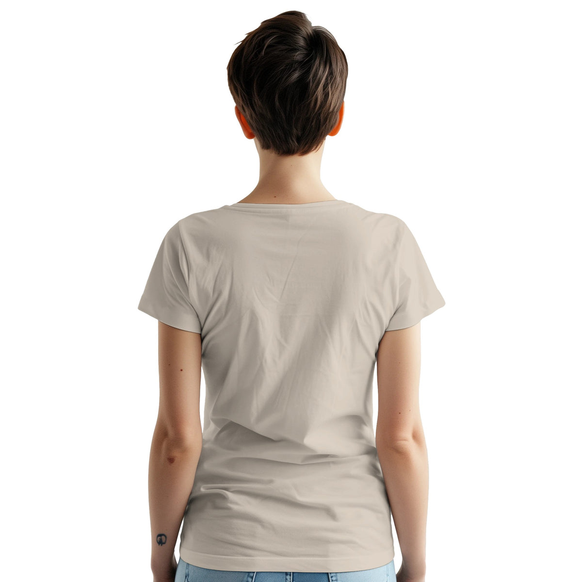 Back view of beige Paradise women's T-shirt, soft cotton blend, crew neck, short sleeves.