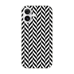 Black and white geometric herringbone iPhone case featuring a bold chevron pattern with a crisp matte finish and shock-absorbing TPU protection.