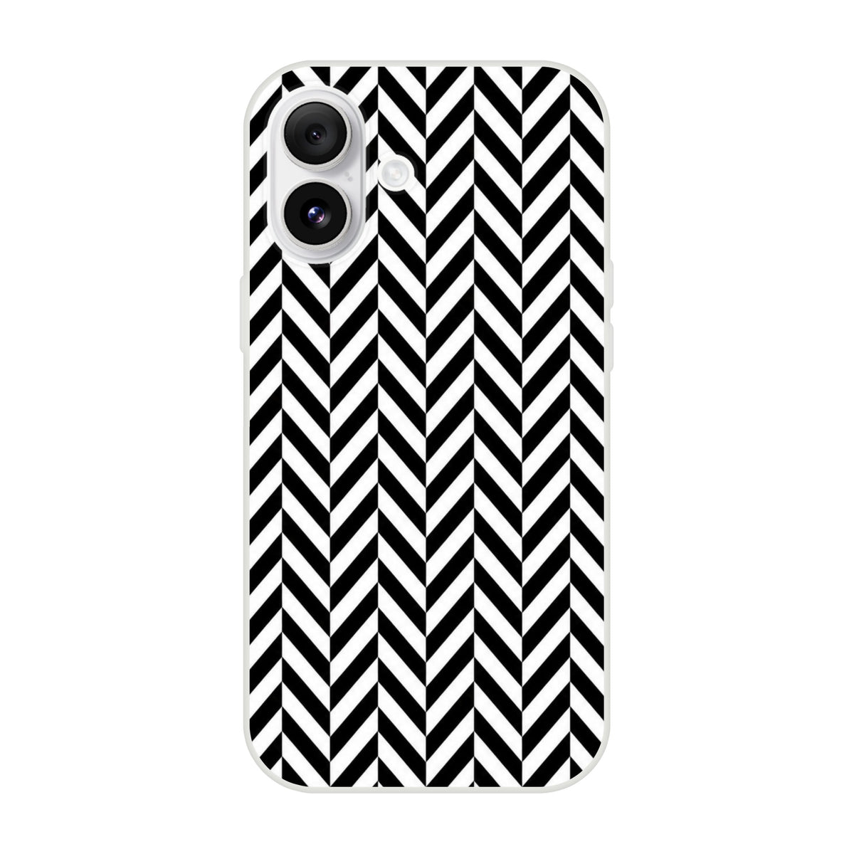 Black and white geometric herringbone iPhone case featuring a bold chevron pattern with a crisp matte finish and shock-absorbing TPU protection.