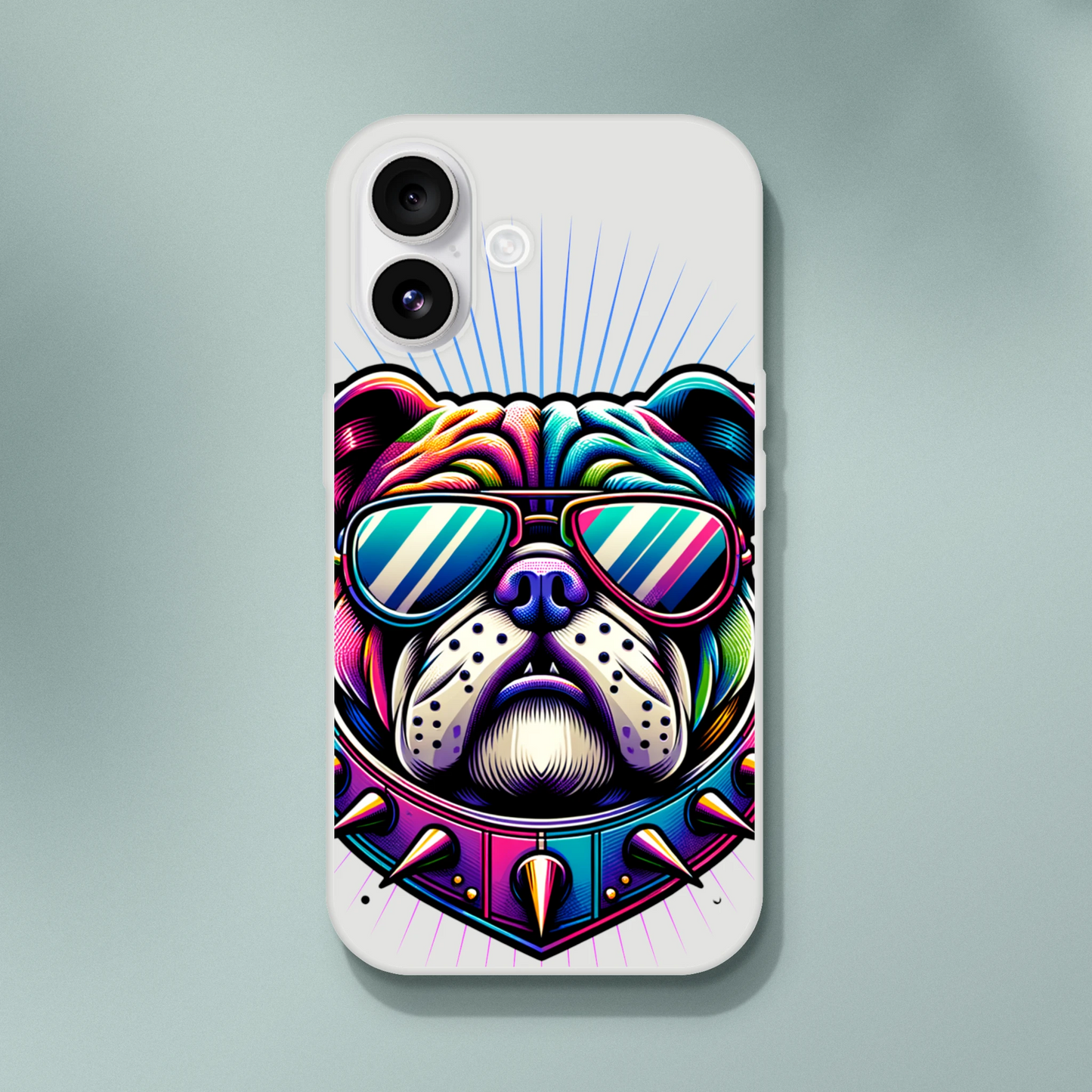 Colorful bulldog with sunglasses on a transparent, slim protective iPhone case (iPhone 13–16)