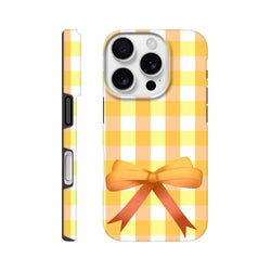 Yellow gingham iPhone case featuring a 3D orange bow and vintage grid pattern for cute coquette street style.