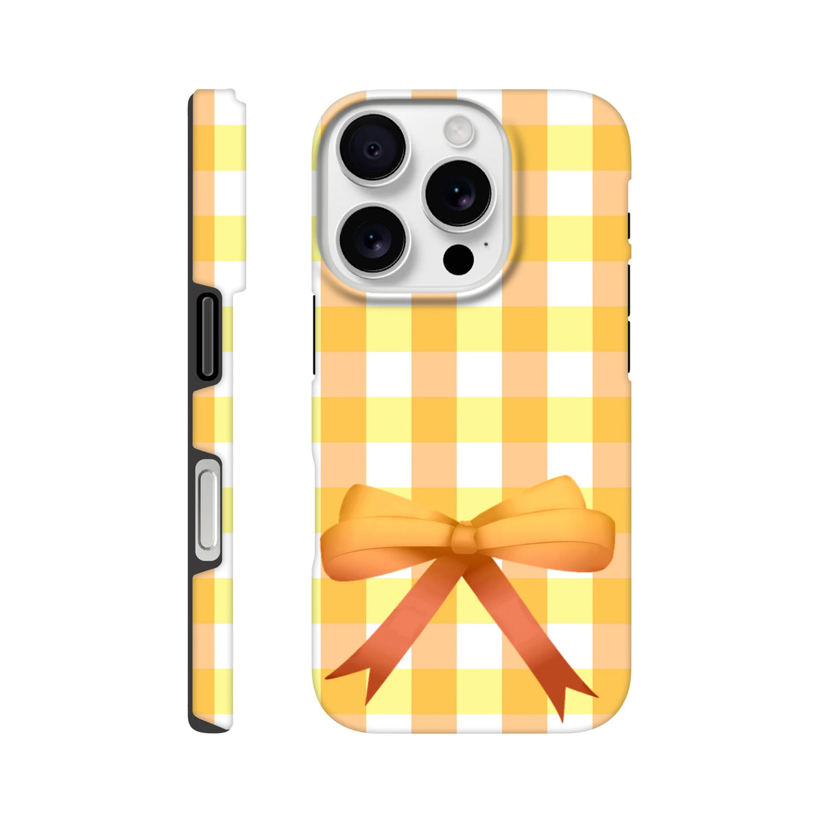 Yellow gingham iPhone case featuring a 3D orange bow and vintage grid pattern for cute coquette street style.