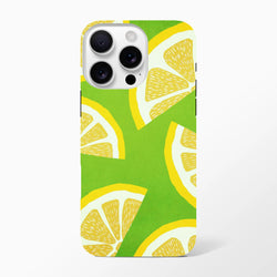 Green iPhone case featuring bold yellow lemon slice pattern. Shock-absorbing citrus fruit phone cover for urban commutes and drop protection.