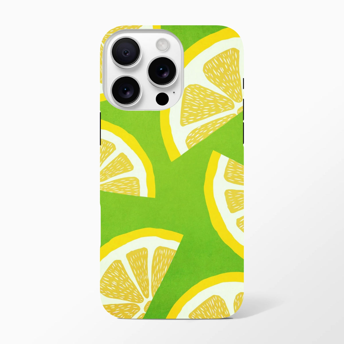 Green iPhone case featuring bold yellow lemon slice pattern. Shock-absorbing citrus fruit phone cover for urban commutes and drop protection.