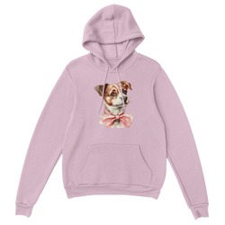 Pastel lavender hoodie with a cute dog graphic wearing a pink bow tie and front pocket.
