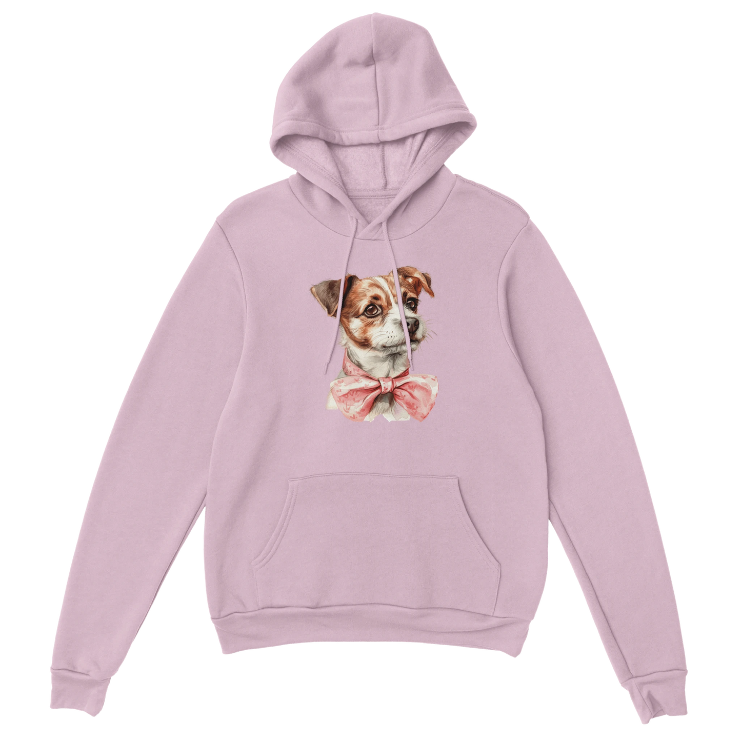 Pastel lavender hoodie with a cute dog graphic wearing a pink bow tie and front pocket.
