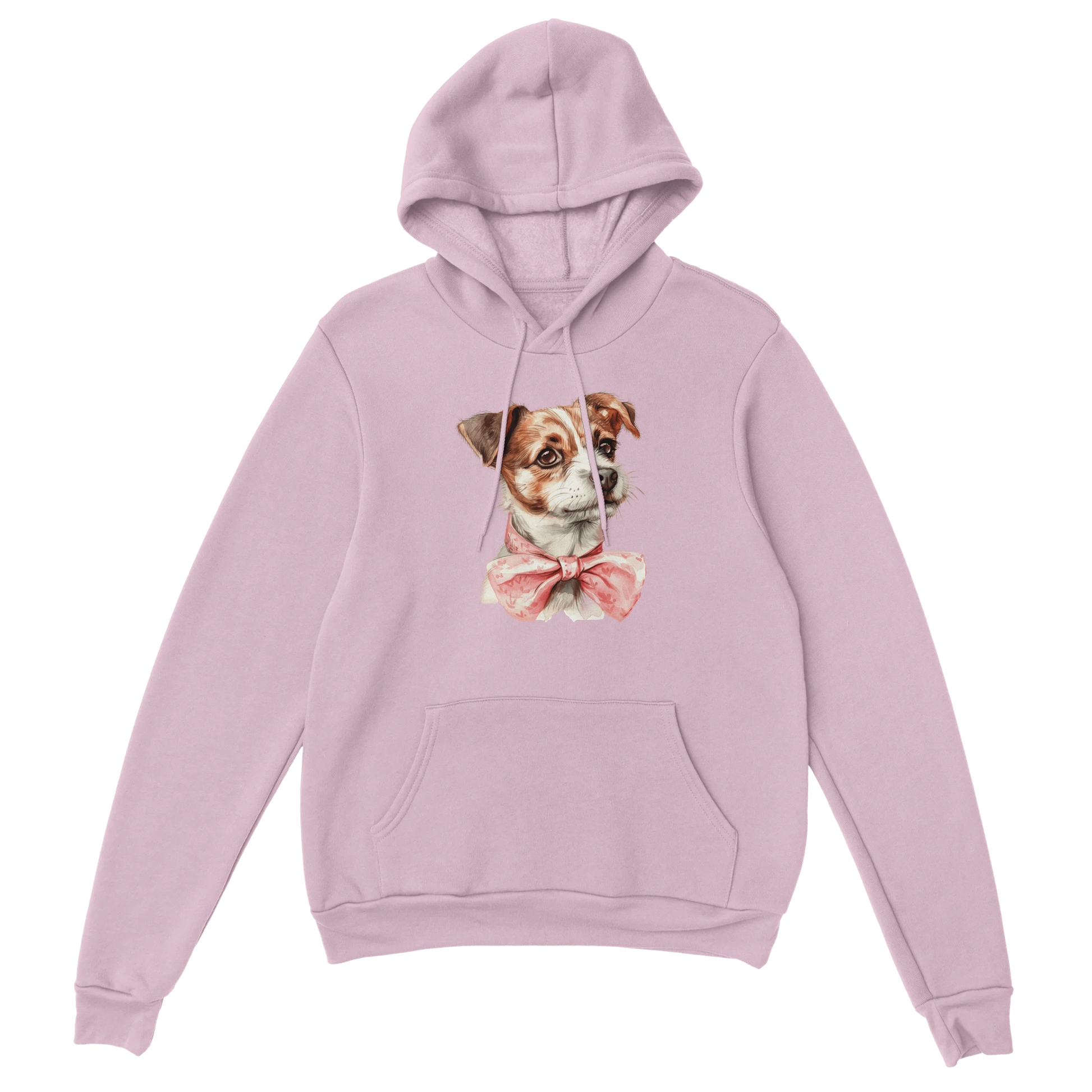 Pastel lavender hoodie with a cute dog graphic wearing a pink bow tie and front pocket.