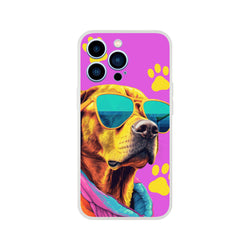 Trendy Dog iPhone Case (13-16) with purple background, sunglasses-wearing dog and yellow paw prints