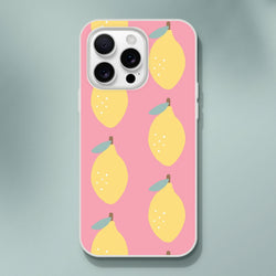 Pink lemon-pattern iPhone case for 13-16 with frosty clear texture and flexible protection.